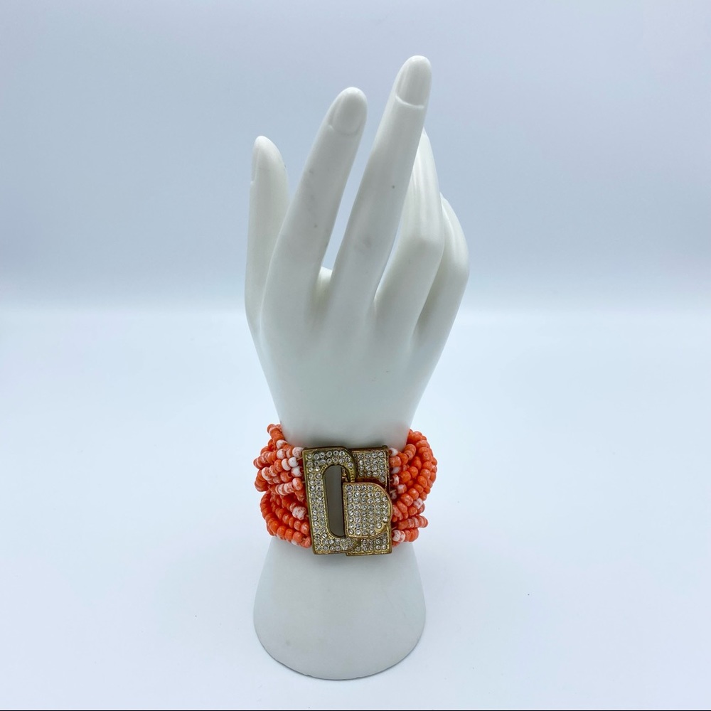 Coral Colored Beaded Multi Strand Gold Tone Rhinestone Stretch Bracelet